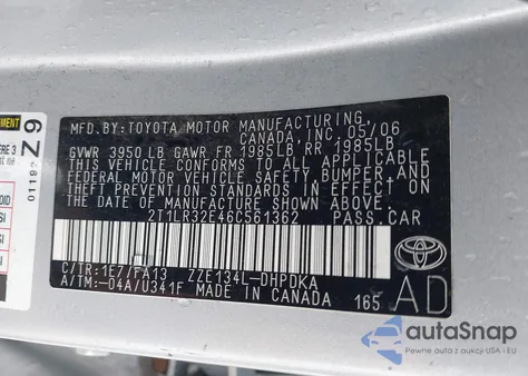 2006 Toyota Matrix z USA, uszkodzony, nr VIN 2T1LR32E46C561362